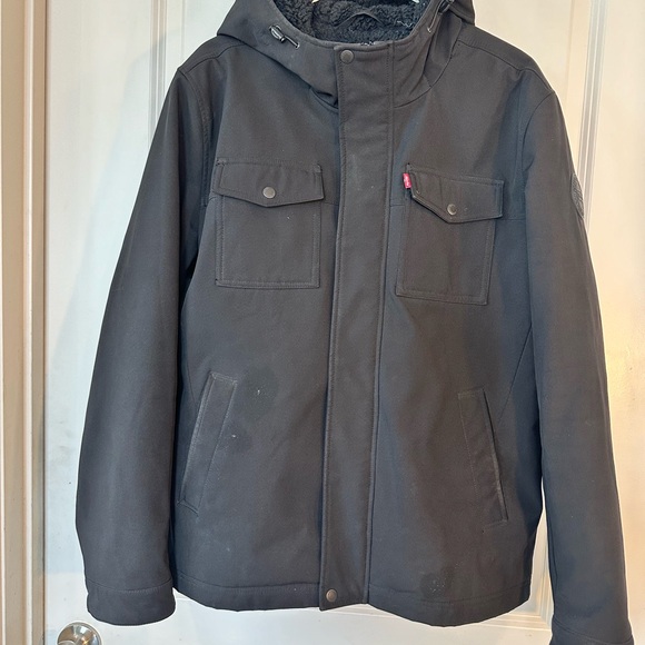 Levi’s DIY Black Soft Shell Sherpa Line Hooded Coat, Large - Picture 7 of 16